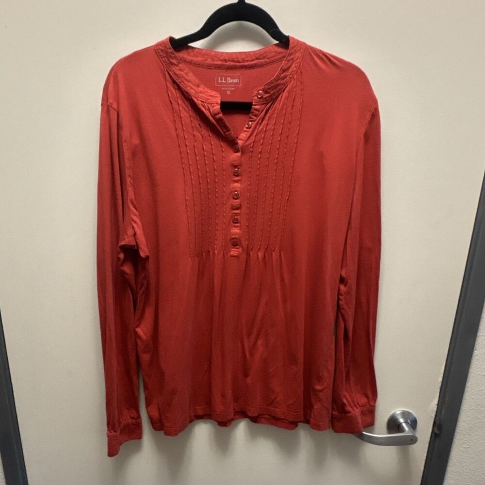 L.L. Bean Red Henley Pleated Button Tunic Blouse Long Sleeve XL Women's